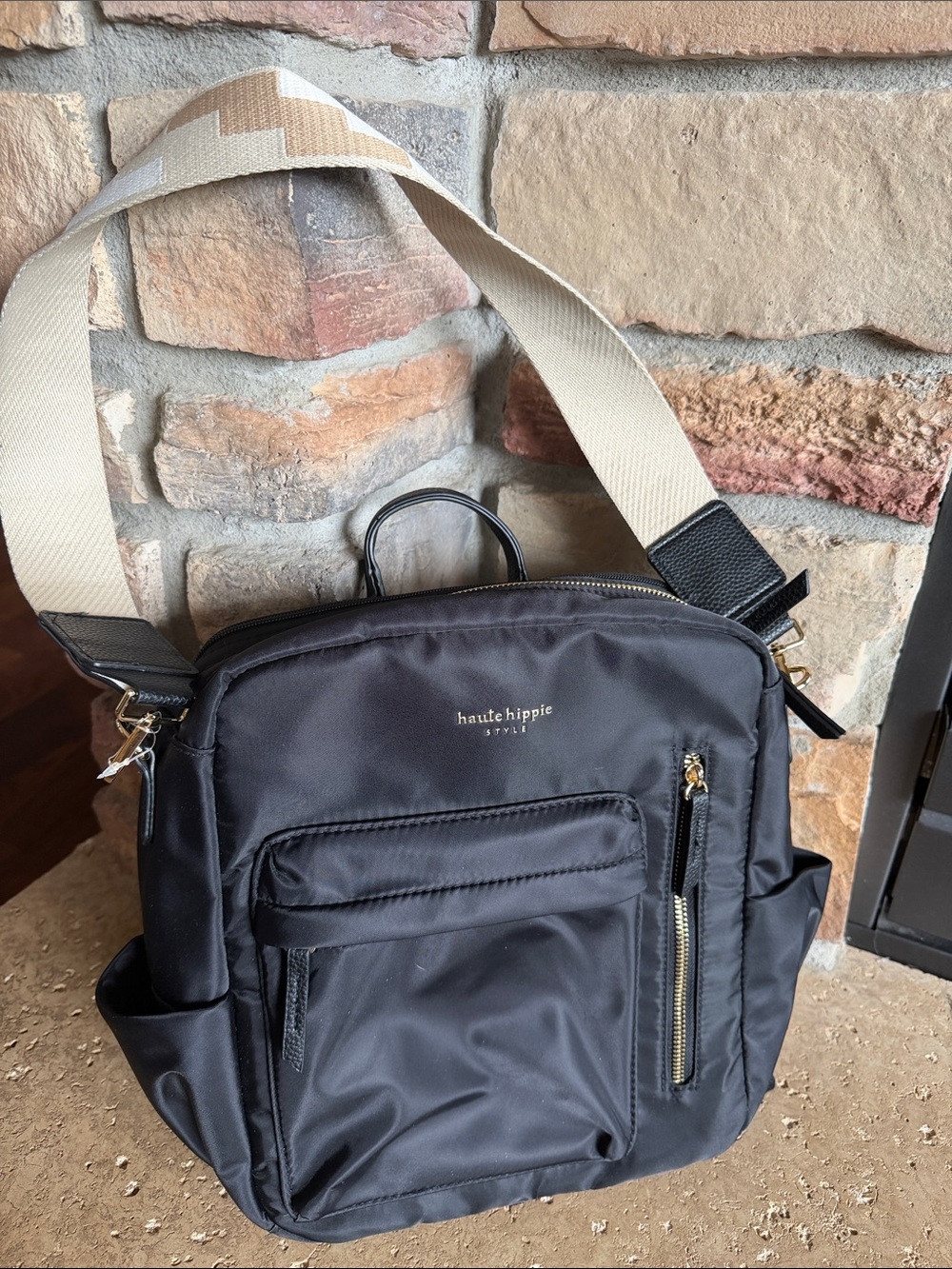 Haute Hippie on the go Black Nylon Crossbody Backpack with Cream Strap